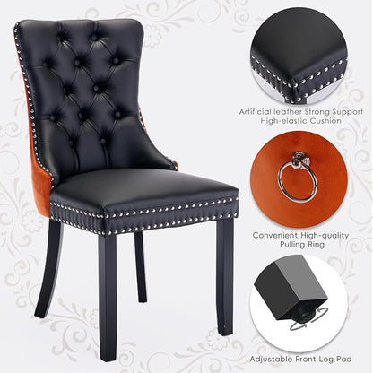 PU Upholstered Dining Chairs Set of 6, Modern Style Kitchen Side Chairs with Nailhead Trim and Wood Leg, Metal Pulling Ring for Dining Room Living Room(Black&Orange,Set of 6)