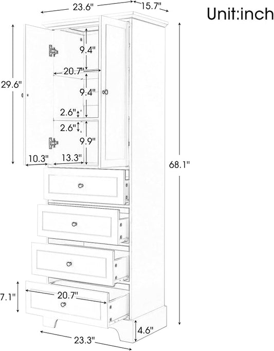 P PURLOVE Tall Bathroom Storage Cabinet with 2 Doors and 4 Drawers,Narrow Bathroom Cabinet Standing,Wood Freestanding Bathroom Cabinet for Kitchen,Living Room,Black