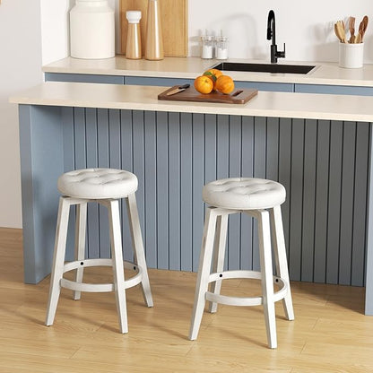 COSTWAY 360° Swivel Bar Stools Set of 4, 26-inch Height Vintage Upholstered Rubberwood Backless Bar Chairs with Footrest, Retro Kitchen Counter Stools for Kitchen Island Dining Room Home Bar, White