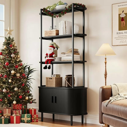 71" Tall Fluted Bookshelf with Sliding Tambour Doors, 4-Tier Mid Century Modern Metal Bookcase Cabinet w/Open Display Storage Shelf, Display Cabinet for Office, Living Room Black