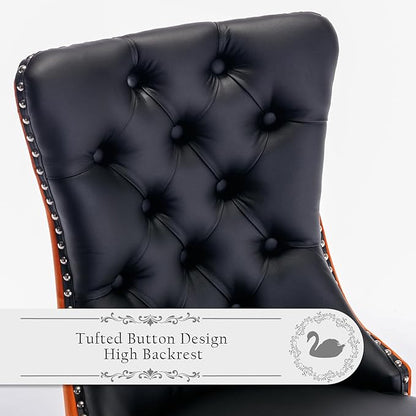 PU Upholstered Dining Chairs Set of 2, Modern Style Kitchen Side Chairs with Nailhead Trim and Wood Leg, Metal Pulling Ring for Dining Room Living Room(Black&Orange,Set of 2)