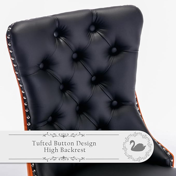 Pu Upholstered Dining Chairs Set of 4, Modern Style Kitchen Side Chairs with Nailhead Trim and Wood Leg, Metal Pulling Ring for Dining Room Living Room(Black&Orange,Set of 4)