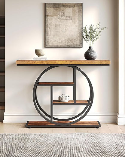 LITTLE TREE Console Table, 4-Tier Entryway Table, 41.3-Inch Industrial Sofa Table for Living Room, Foyer Hallway Table for Entrance, Rustic Brown and Black