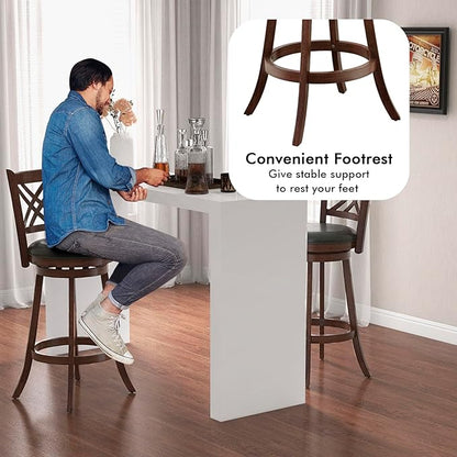 COSTWAY Bar Stool Set of 2 for Kitchen Island, Swivel Upholstered Bar Height Barstools with PU Surface, Rubber Wood Frame, 360° Rotatable Seat, Curved Back, Sturdy Footrest (2, 29" Seat Height)