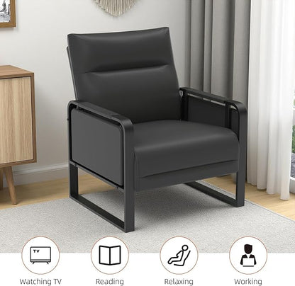 Upholstered Accent Sofa, Modern Faux Leather Sofa Chair with Foldable Side Tray Table & Storage Pocket, Small Accent Sofa for Living Room, Bedroom, Reception Room, Black