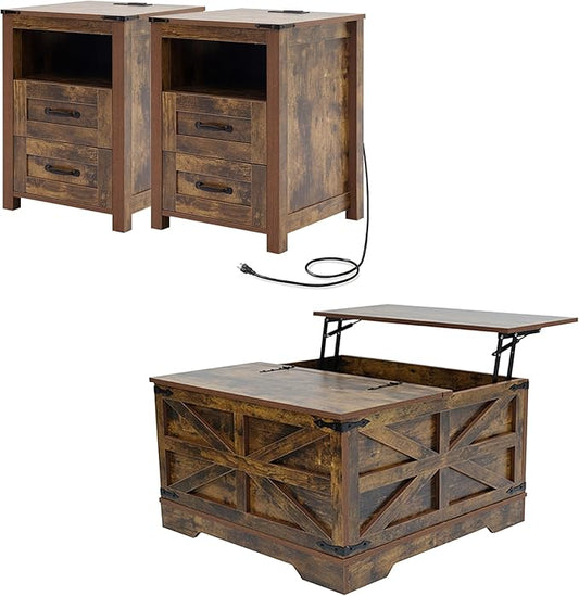Farmhouse Coffee Table Set of 3, Lift Top Coffee Table with Sliding Barn Doors and Nightstands Set of 2 with Charging Station, Living Room Table Set for Home Office, Brown