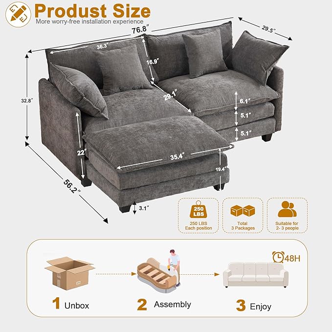 77" Cloud Chenille L-Shaped Sofa with Ottoman | Space-Saving Apartment Couch with 29.1" Deep Seat & Footrest | FSC Certified Solid Wood & Metal Frame | Easy Assembly & 1YR Guarantee