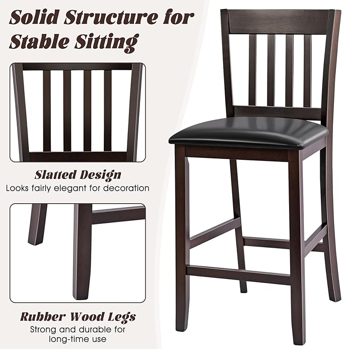 COSTWAY Counter Height Bar Stools Set of 4, 25'' Wooden Pub Chairs with PU Leather Seat, Mid Century Modern Upholstered Island Chairs for Kitchen, Living Room, Dining Room, Bar