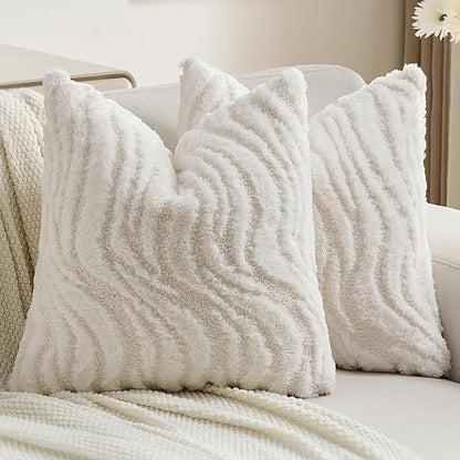 FUTEI White Decorative Throw Pillow Covers 20x20 Inch Set of 2,Soft Faux Fur Geometric Shapes Texture Cushion Case,Boho Home Decor for Couch Bed Living Room