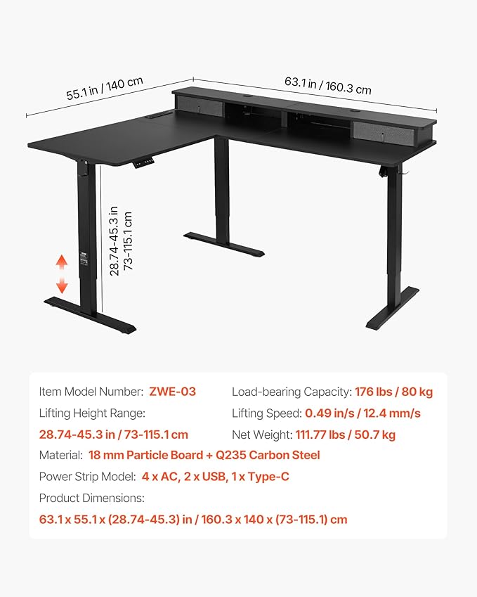 VEVOR L Shaped Electric Standing Desk with 2 Drawers, 63 x 55 inch Adjustable Height Corner Desk with Storage, Sit Stand up Computer Table with Light Strips for Office Home, Easy to Assemble, Black