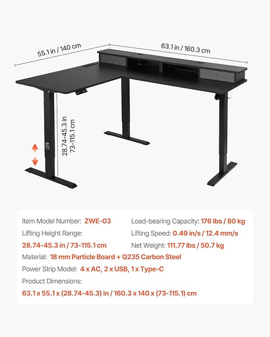 VEVOR L Shaped Electric Standing Desk with 2 Drawers, 63 x 55 inch Adjustable Height Corner Desk with Storage, Sit Stand up Computer Table with Light Strips for Office Home, Easy to Assemble, Black