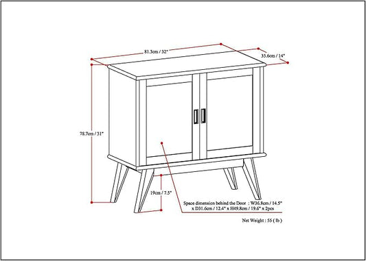 SIMPLIHOME Draper SOLID HARDWOOD 32 Inch Wide Mid Century Modern Low Storage Cabinet in Medium Auburn Brown, For the Living Room, Entryway and Family Room