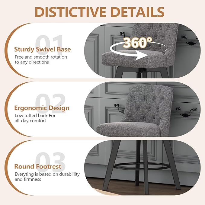 MINCETA Bar Stool, 30 Inch Upholstered Barstool with Low Tufted Back and Footrest, Swivel Counter Height Barstool for Kitchen Island Home Bar Performance Fabric Gray