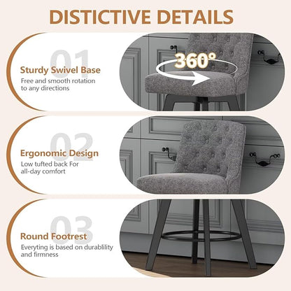 MINCETA Bar Stools Set of 2, 26 Inch Upholstered Barstools with Low Tufted Back and Footrest, Swivel Counter Height Barstools for Kitchen Island Home Bar Performance Fabric Gray