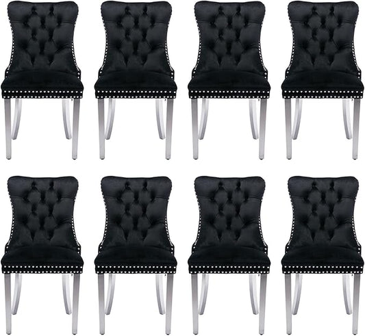Velvet Upholstered Dining Chairs Set of 8, Modern Style Kitchen Side Chairs with Nailhead Trim and Silver Plated Leg, Metal Pulling Ring for Dining Room Living Room(Black)
