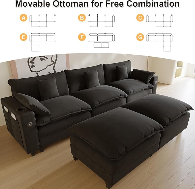 Cloud Couch, Modular Sectional Sofa with Ottoman, Charging Station, Throw Pillows, Cup Holders, Modern Convertible L Shaped Couches for Living Room, Bedroom (Classic Black, 116"- U Shape)