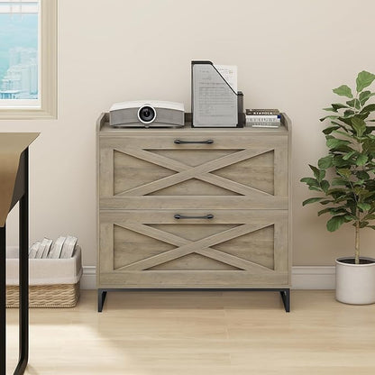 File Cabinet 2 Drawers, Lateral File Cabinet with Charging Station for Letter/Legal/A4 Size Hanging Files, Large Wood File Storage Cabinets Printer Stand for Home Office, Washed Gray