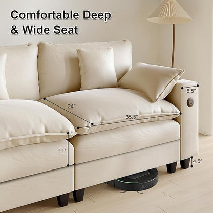 Cloud Couch, Modular Sectional Sofa with Ottoman, Charging Station, Throw Pillows, Cup Holders, Modern Convertible L Shaped Couches for Living Room, Bedroom (White, 80.7"- L Shape)