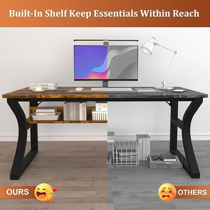AZN Computer Desk, 55'' Computer Desk, Home Office Desks w/Storage, Home Office Desks w/U-Size Metal Frame for Home Office Bedroom, Study Writing Work Table w/Water-Resistant, Scratchproof Surface