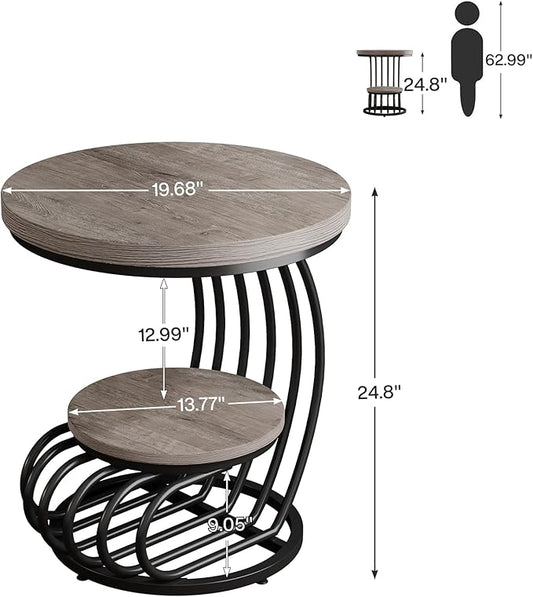 Tribesigns Round End Table: 2 Tiers Wood Side Table Set of 2 with Storage Shelf, Rustic Gray Bedside Nightstand, Accent Table for Living Room, Bedroom