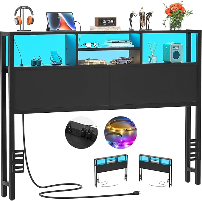 Aheaplus Headboard for Full Size Bed with Storage, Headboards with Outlets, USB Ports and LED Light, Full Size Head Board Only, Height Adjustable, Reversible, Sturdy and Stable Headboard, Black