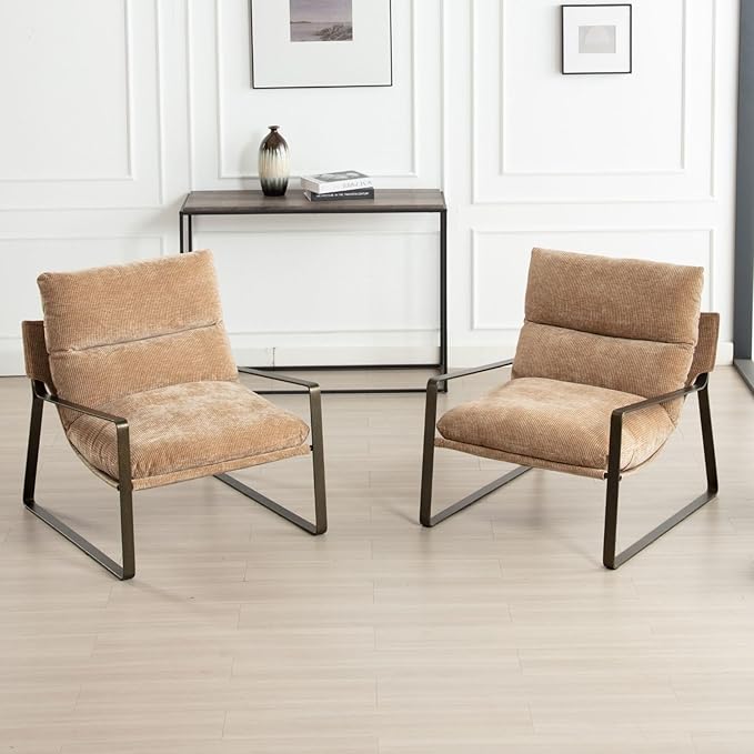 LukeAlon Modern Chenille Accent Armchairs Set of 2, Upholstered Lounge Chairs with Brass Metal Frame Thickened Cushion Single Sofa Chair Comfy Leisure Chair for Bedroom Living Room, Khaki