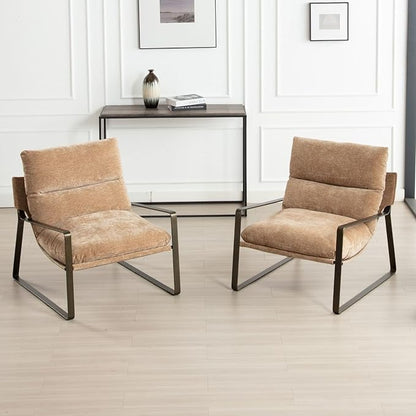 LukeAlon Modern Chenille Accent Armchairs Set of 2, Upholstered Lounge Chairs with Brass Metal Frame Thickened Cushion Single Sofa Chair Comfy Leisure Chair for Bedroom Living Room, Khaki