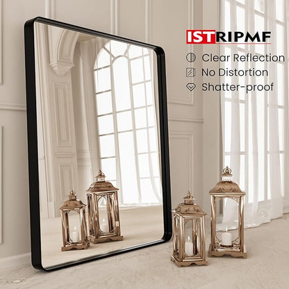 24X36 Inch Matte Black Bathroom Mirror,Bathroom Vanity Mirror for Wall,Rectangular Round Corner Black Metal Framed Mirror(Horizontal/Vertical)