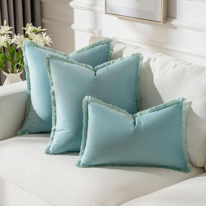 FUTEI Aqua Velvet Decorative Throw Pillow Covers 22x22 Set of 2,Soft Cozy Edge with Tassels Cushion Case,Boho Modern Home Decor for Couch Bed Living Room