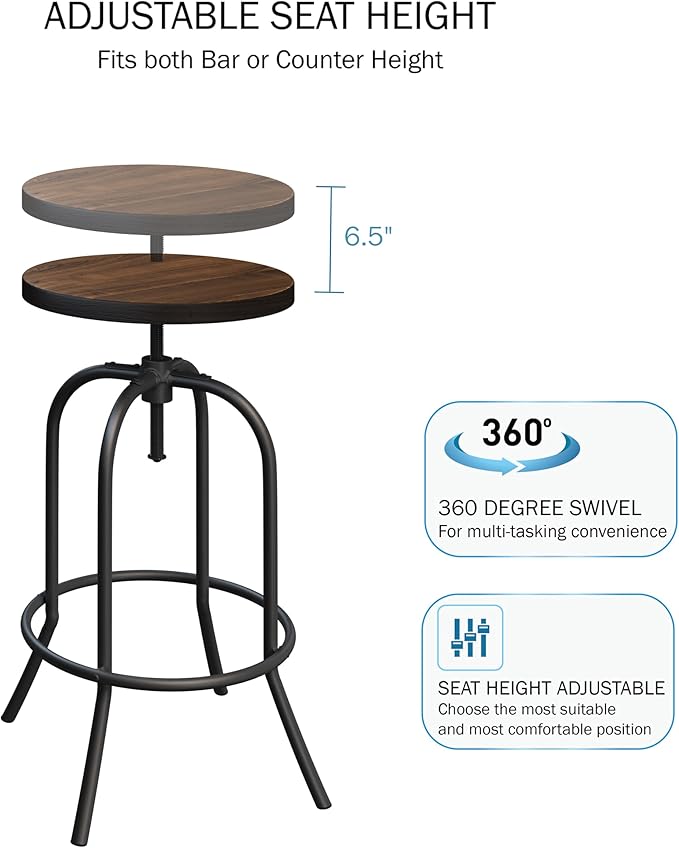 Swivel Bar Stool – Adjustable Backless Stool for Counter Height with Round Wood Seat and Iron Tube Frame for Kitchen by Lavish Home (Brown)