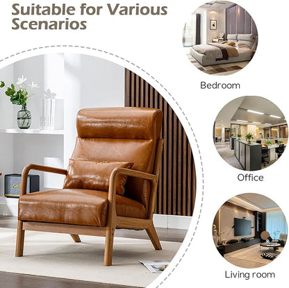 INZOY Mid Century Modern Accent Chair Set of 2, High Back Reading Armchair with Wood Frame, PU Leather Living Room Chairs with Waist Cushion, Single Lounge Arm Chair for Bedroom Sunroom, Camel
