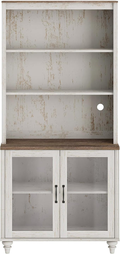WAMPAT 5 Tier Bookshelf 72" Tall Bookcase with Glass Doors,Large Farmhouse Display Book Shelf with Adjustable Shelves and Storage Cabinet,Library Wood Bookshelves for Living Room,Kitchen, Rustic White