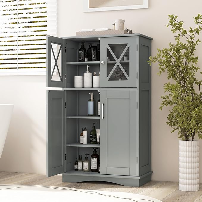 Tangkula Freestanding Floor Cabinet w/2 Glass Doors, 3-Level Adjustable Shelves, Anti-toppling Design, Kitchen Pantry Cupboard for Bathroom, Living Room (Grey)