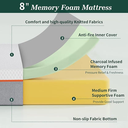 VECELO Charcoal Infused Memory Foam Twin Mattress 8 Inch, Medium Firm Twin Size Bed Mattress with Washable Cover for Twin Bed Frame, Pressure Relieve, Fresh Cooling Comfort
