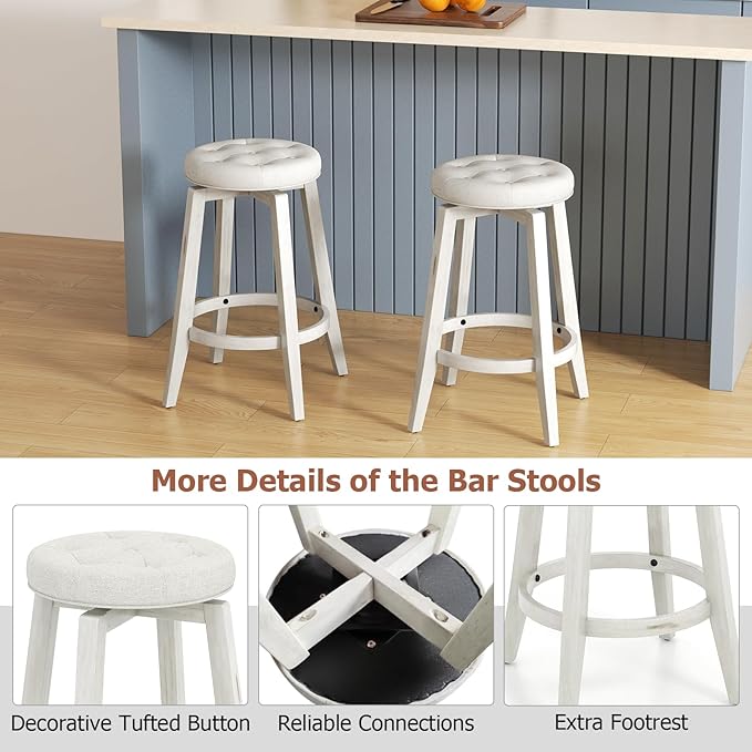 COSTWAY 360° Swivel Bar Stools Set of 4, 26-inch Height Vintage Upholstered Rubberwood Backless Bar Chairs with Footrest, Retro Kitchen Counter Stools for Kitchen Island Dining Room Home Bar, White