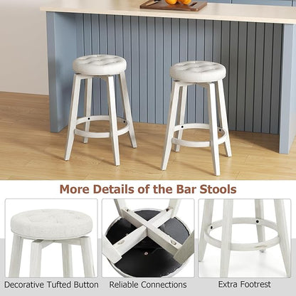 COSTWAY 360° Swivel Bar Stools Set of 4, 26-inch Height Vintage Upholstered Rubberwood Backless Bar Chairs with Footrest, Retro Kitchen Counter Stools for Kitchen Island Dining Room Home Bar, White