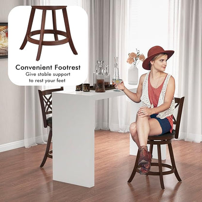 COSTWAY Bar Stool Set of 4 for Kitchen Island, Swivel Upholstered Counter Height Barstools with PU Surface, Rubber Wood Frame, 360° Rotatable Seat, Curved Back, Sturdy Footrest (4, 24" Seat Height)