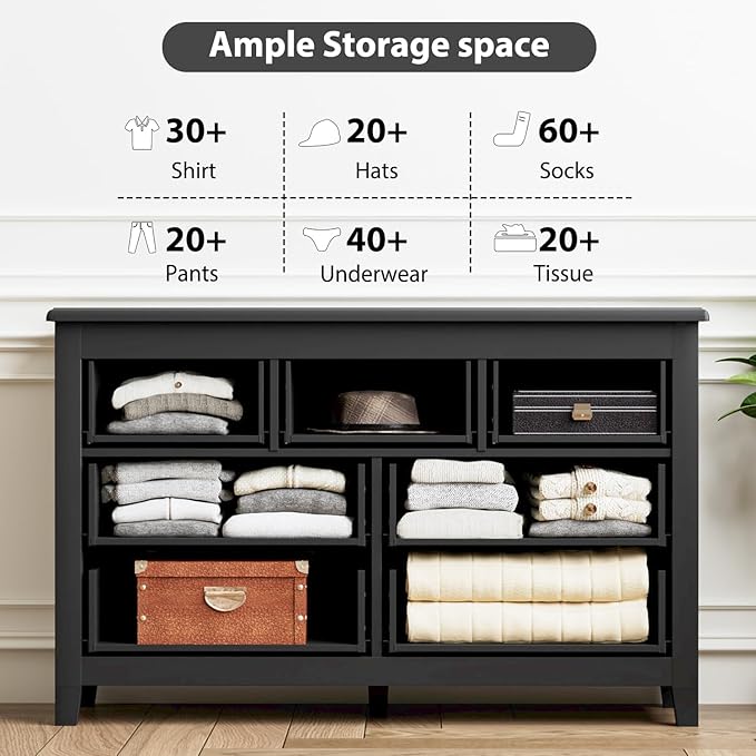 Black Dresser for Bedroom, Modern Style 7 Drawer Dresser with Vintage Gold Antique Handles, Chest of Drawers for Bedroom, Antique Black