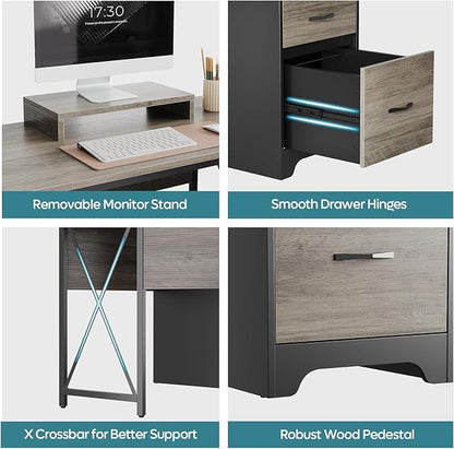 Bestier L Shaped Desk with 4 Drawers, 63" x 47" Executive Desk with Open Storage & Monitor Stand, Corner Desk with 2 File Drawers & Modesty Panel for Home Office, Gray