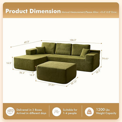 106" Cloud Sectional Couch with L-Shape Chaise & Ottoman, No Assembly Modular Sofa, Deep Seat Corduroy Boneless Couched for Living Room (Green Cloudy Velvet, Left Facing Chaise with Ottoman)
