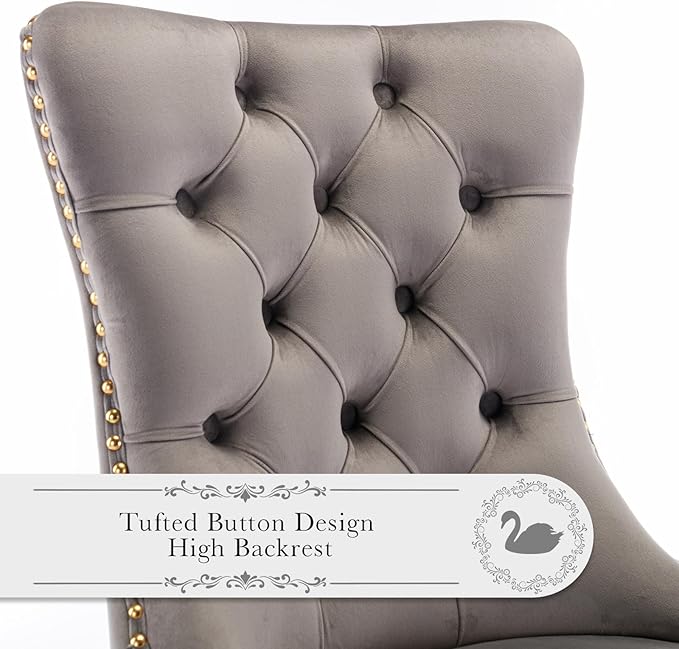 Velvet Upholstered Dining Chairs Set of 2, Modern Style Kitchen Side Chairs with Nailhead Trim and Gold Plated Leg, Metal Pulling Ring for Dining Room Living Room(Gery-Gold Plated Leg)