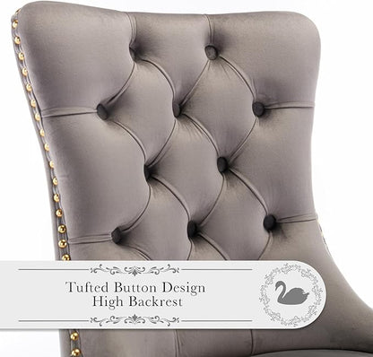 Velvet Upholstered Dining Chairs Set of 6, Modern Style Kitchen Side Chairs with Nailhead Trim and Gold Plated Leg, Metal Pulling Ring for Dining Room Living Room(Gery-Gold Plated Leg)