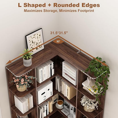74" Tall Corner Bookshelf with 2 Arched Doors, 6-Tire L Shaped Bookcase with 16 Open Storage Shelves, Rustic Large Corner Shelf with Cabinet for Living Room, Home Office