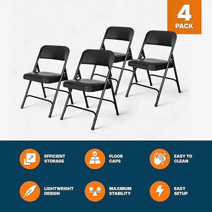 OEF Furnishings OEF1200 Series Premium Heavy Duty Vinyl Padded Folding Chairs, Commercial Grade 500 lb Capacity (4-Pack, Classic Black)