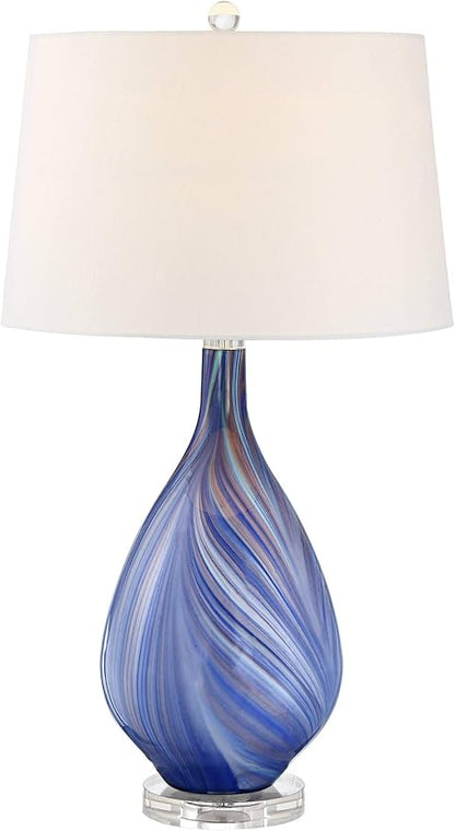 Possini Euro Design Taylor Modern 3-Way Table Lamp 29" Tall with Table Top Dimmer Blue Art Glass White Fabric Tapered Drum Shade for Bedroom Living Room House Home Bedside Nightstand Office