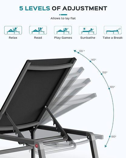 Aluminum Chaise Lounge Ourdoor - Foldable & Assemble Free Outdoor Lounge Chair with 5 Adjustable Backrest, Patio Lounge Chair for Outside Poolside Beach Pool, Black