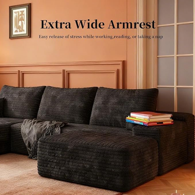 107.5" Compressed Boneless Couch with Ottoman, 2 Seater Large U Shaped Sectional Couches for Living Room, Black Corduroy Cloud Modular Sectional Sofa, Memory Foam, No Assembly，Light Facing Chaise