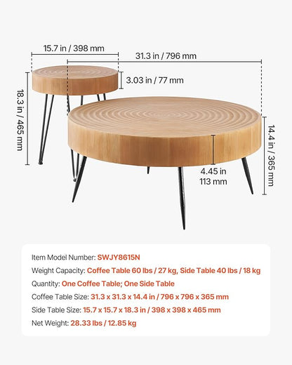 VEVOR 2 Pieces Round Coffee Tables Sets, 31.3 in Industrial Living Room Table with 1 End Side Table, Easy Assembly Coffee and End Tables Sets with Metal Legs, for Office, Living Room and Apartment
