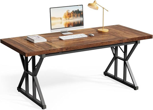 LITTLE TREE 70.8-Inch Office Desk, Wooden Executive Office Desk, Modern Work Desk, Large Farmhouse Writing Table Computer Desk for Home, Brown-Black