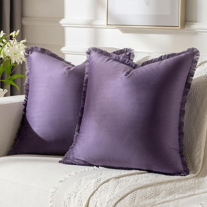 FUTEI Eggplant Purple Velvet Decorative Throw Pillow Covers 22x22 Set of 2,Soft Cozy Edge with Tassels Cushion Case,Boho Modern Home Decor for Couch Bed Living Room